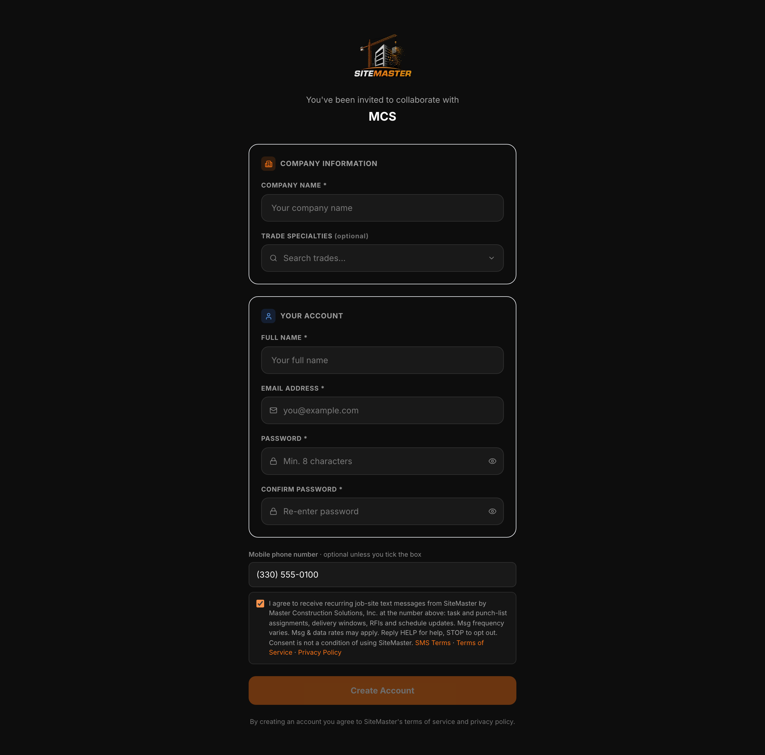Web app → Activate account → Profile step, box ticked